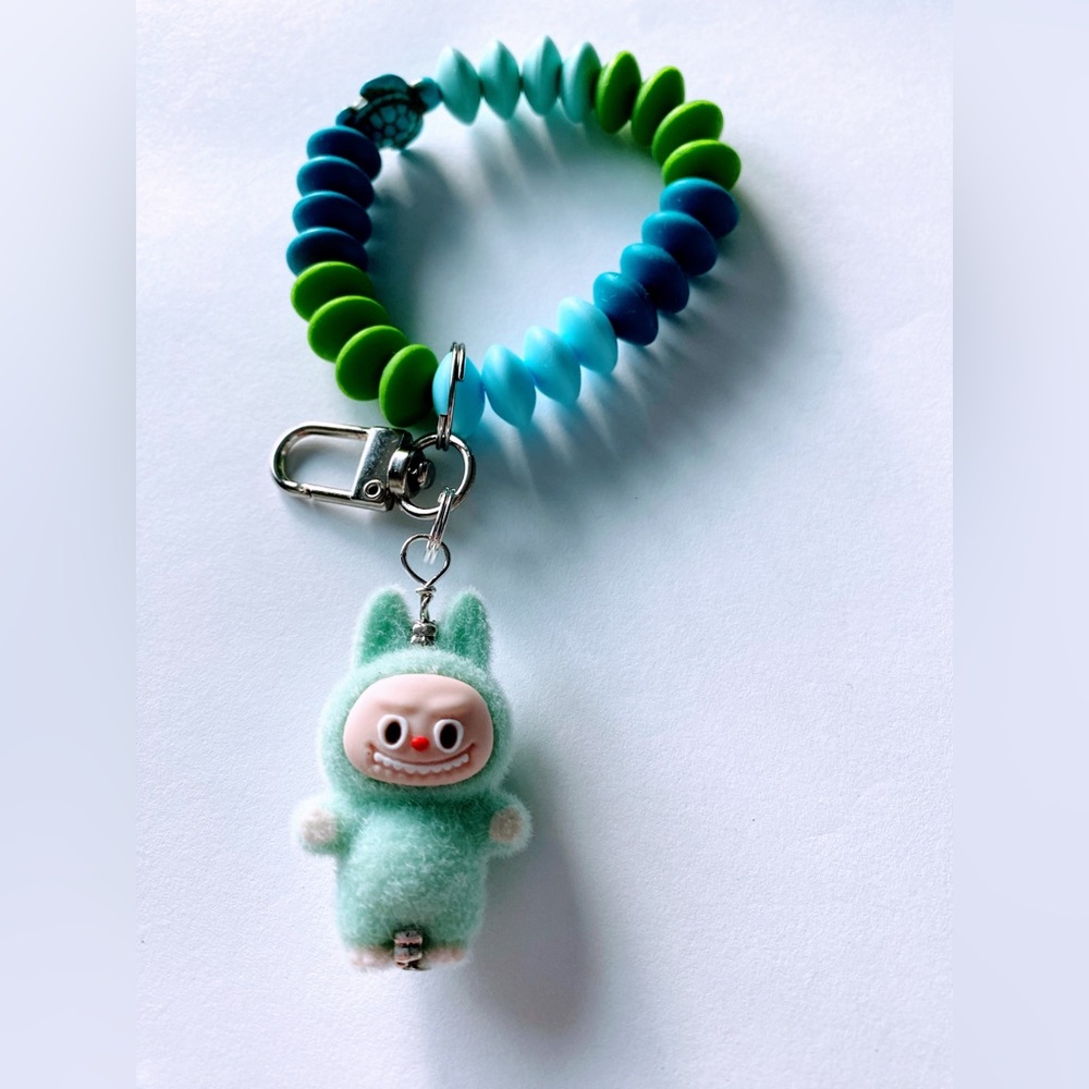 Cute Green and Blue Keychain wristlet Bracelet with plush Labubu charm